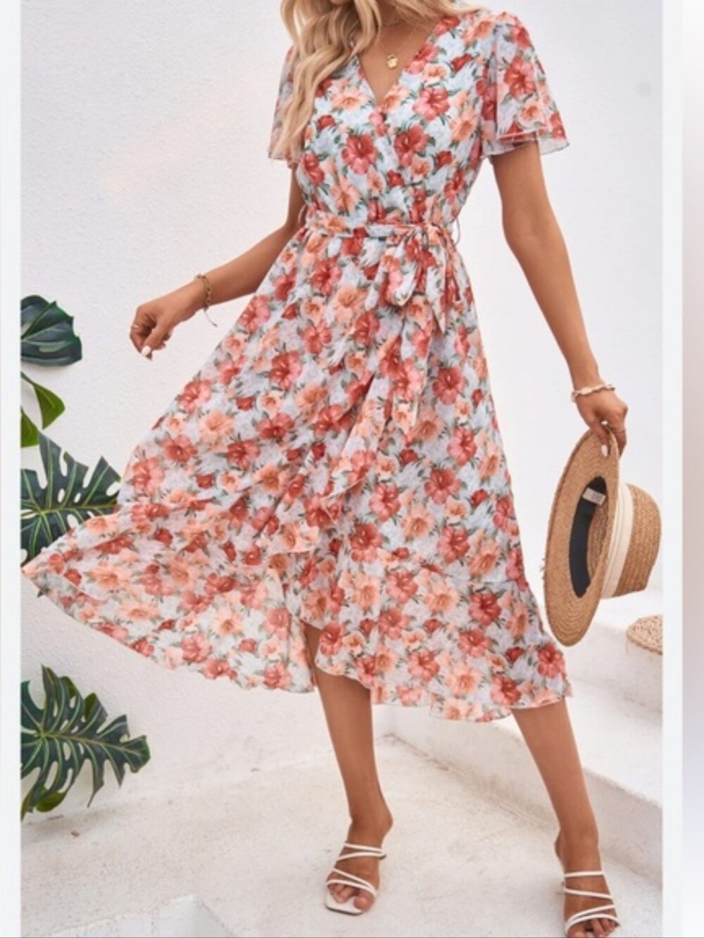PRETTYGARDEN Floral Boho Maxi Dress Wrap V Neck Ruffle A-Line Dresses size XL.
